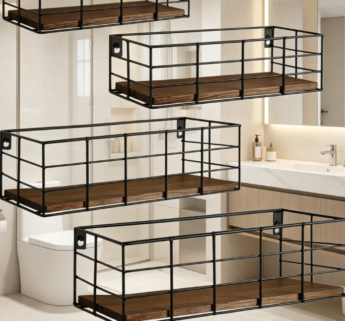 4-Piece Wooden Wall Shelf Set, Bathroom Storage and Display Organizer - Image 2