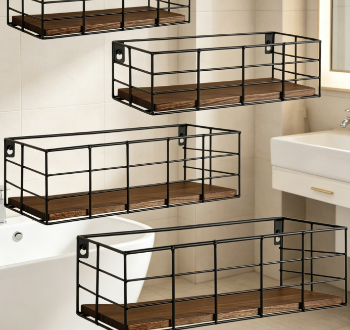 4-Piece Wooden Wall Shelf Set, Bathroom Storage and Display Organizer