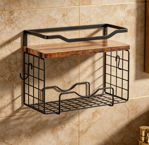 6-Tier Towel Storage Rack with Floating Shelf, Bathroom Wall Organizer - Image 2