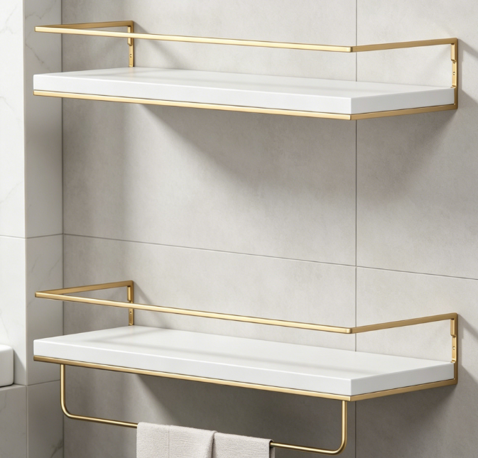 Floating Wall Shelf with Towel Bar, Decorative Bathroom Storage Organizer