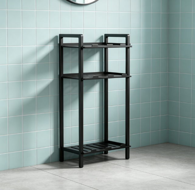 3-Tier Towel Storage Rack with Shelf and Hooks, Wall-Mounted Bathroom Organizer - Image 2