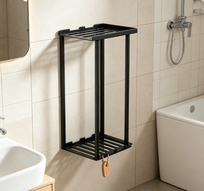 3-Tier Towel Storage Rack with Shelf and Hooks, Wall-Mounted Bathroom Organizer