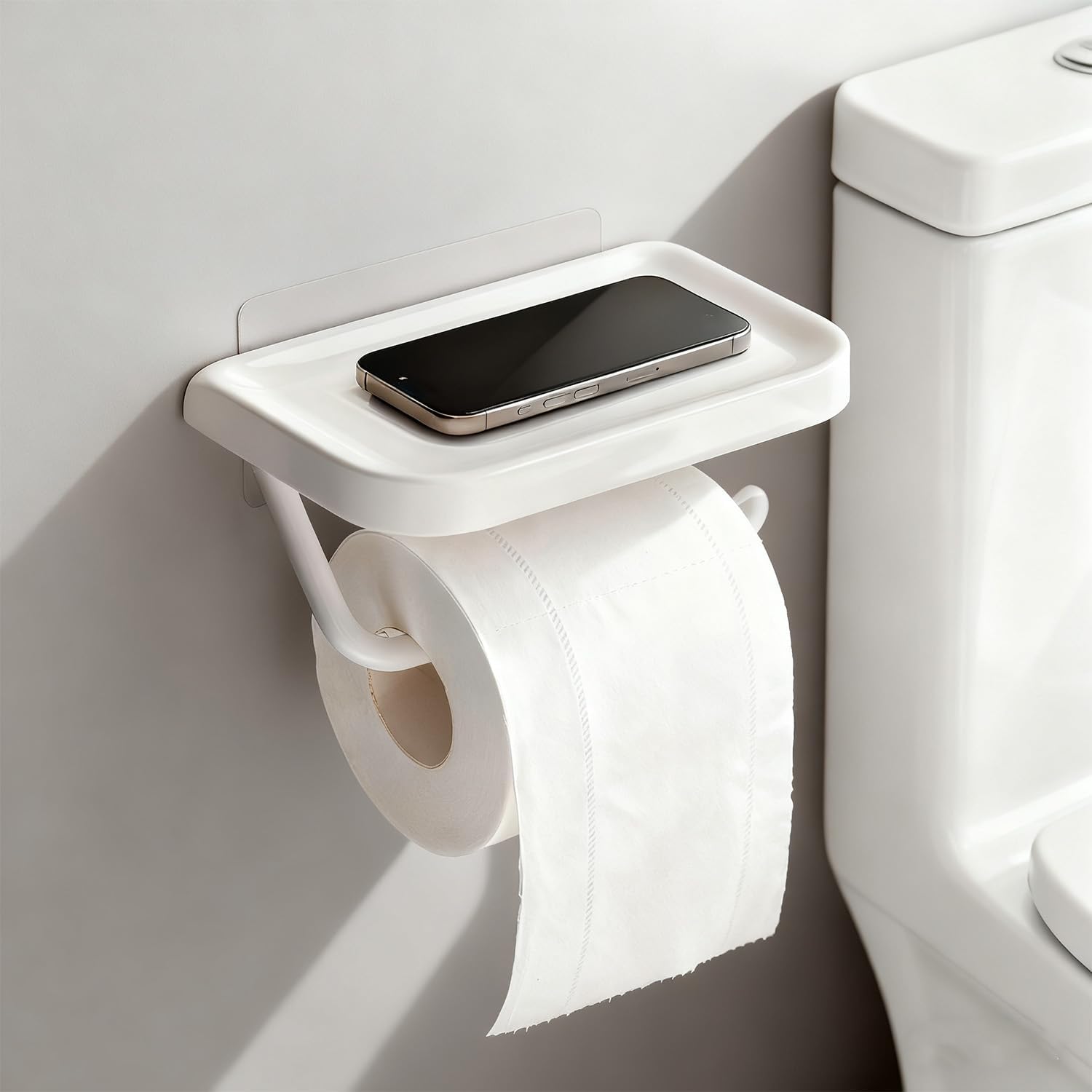 No-Drill Toilet Paper Holder with Shelf, Adhesive Wall-Mounted Bathroom Tissue Organizer