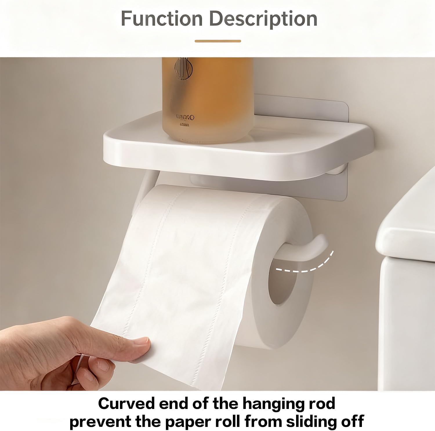 No-Drill Toilet Paper Holder with Shelf, Adhesive Wall-Mounted Bathroom Tissue Organizer - Image 2