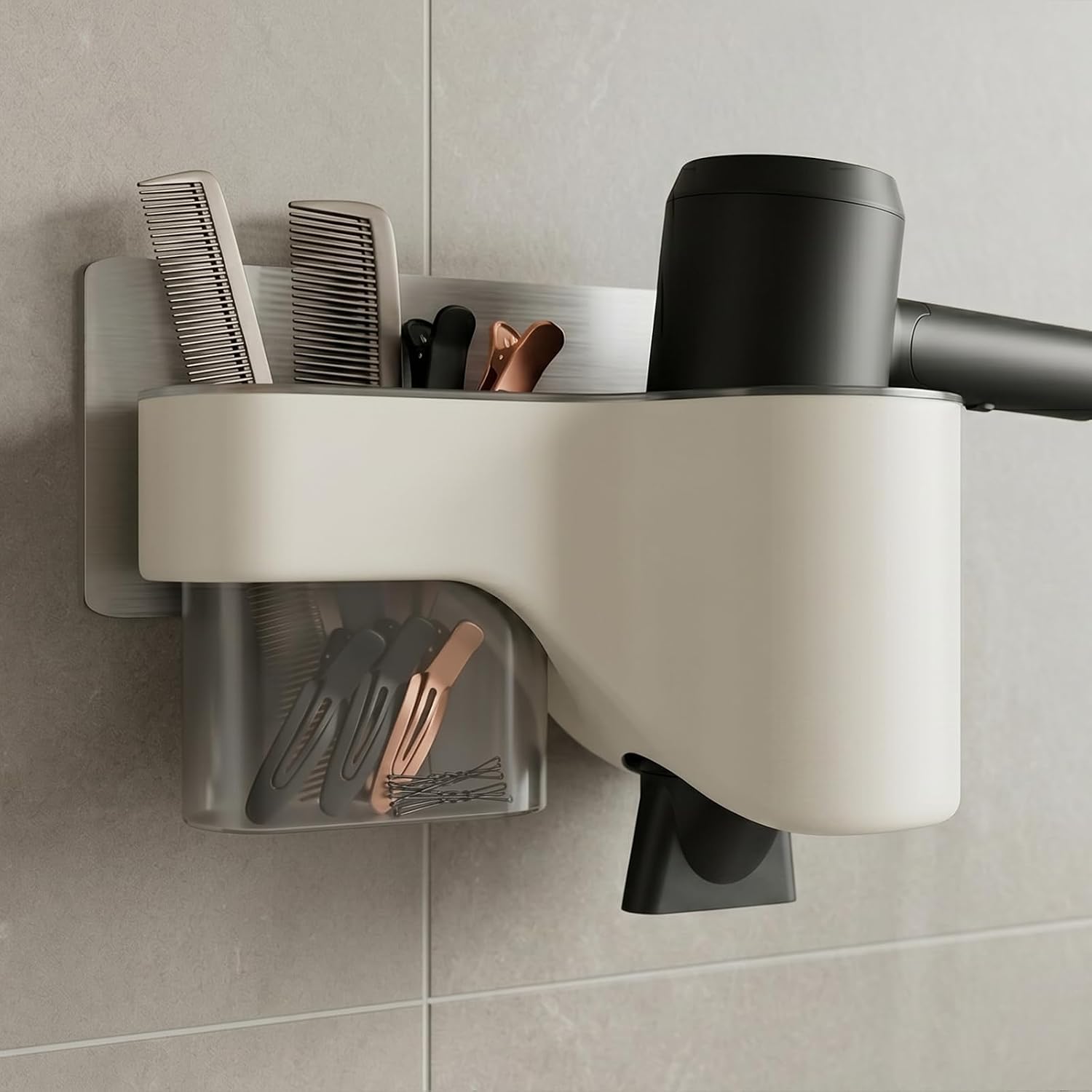 No-Drill Wall-Mounted Hair Dryer Holder, Adhesive Bathroom Styling Tool Storage Rack