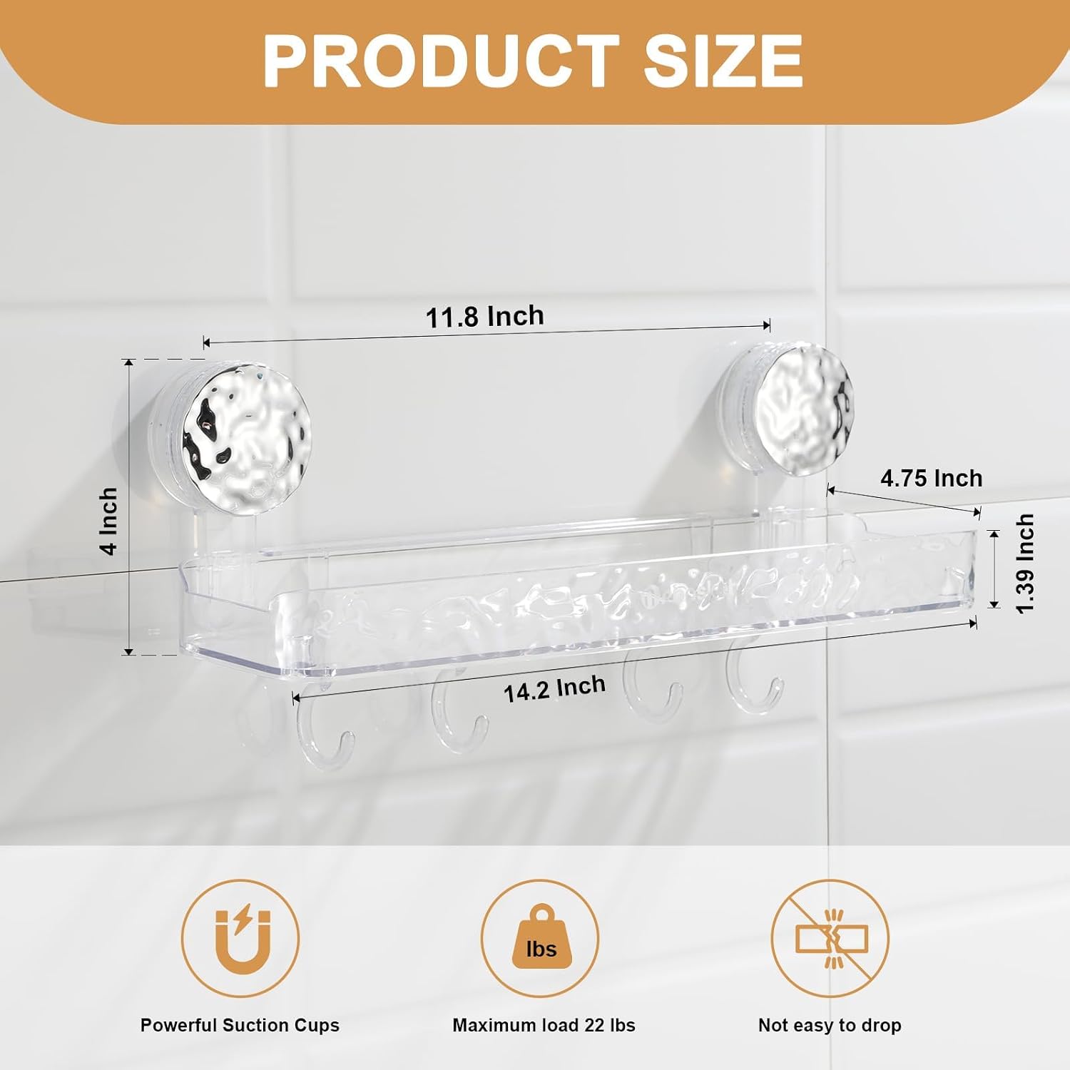 No-Drill Suction Shower Organizer, Clear Wall-Mounted Storage Basket with 4 Movable Hooks - Image 2