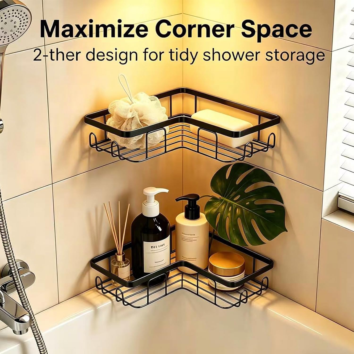 2-Pack No-Drill Shower Shelves, Adhesive Corner Bathroom Storage Rack with Hooks - Image 2