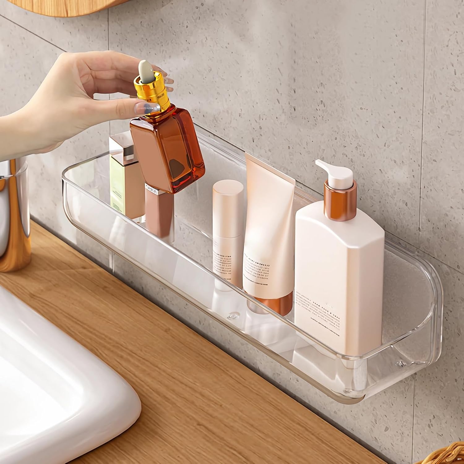 Acrylic No-Drill Wall-Mounted Shower Caddy, Adhesive Bathroom Storage Shelf