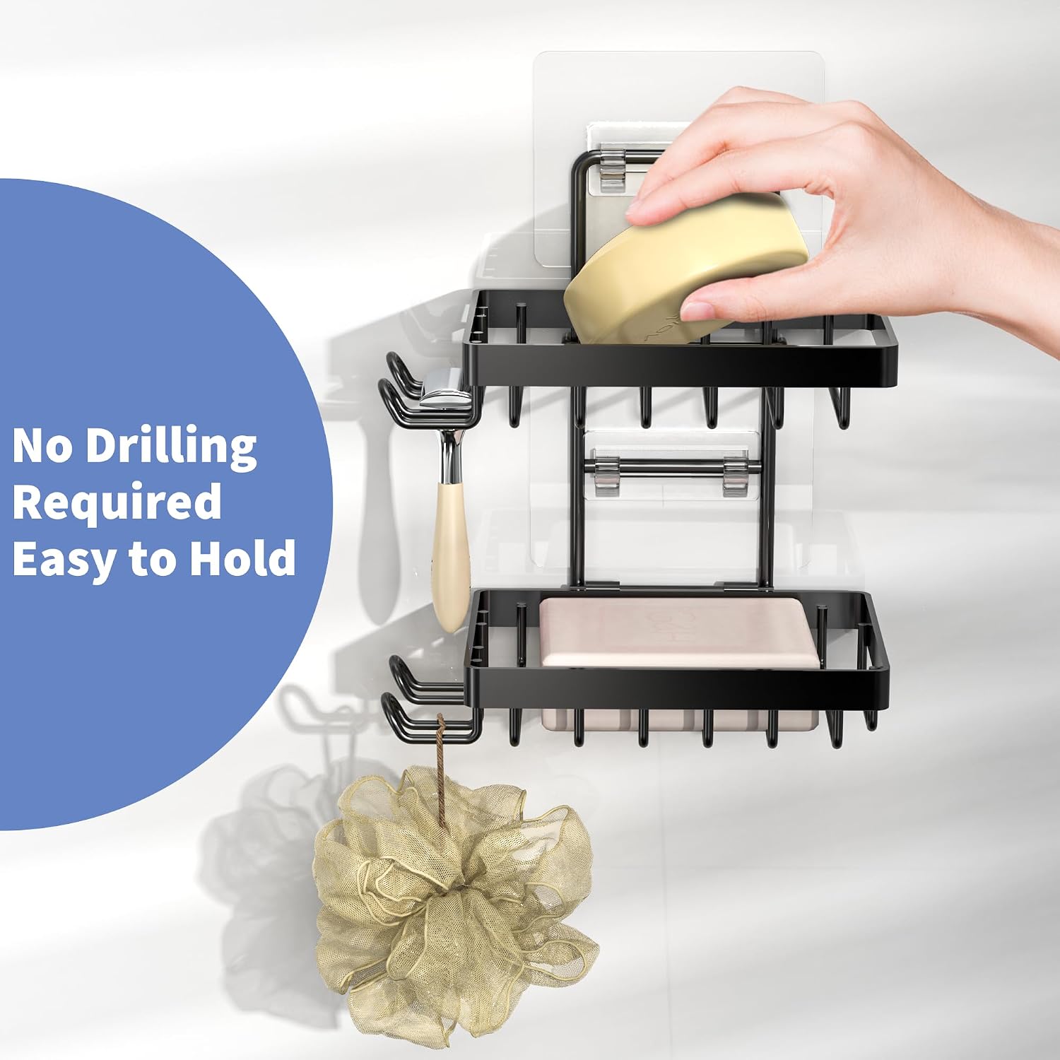 Double Soap Holder, No-Drill Wall-Mounted Bathroom Organizer with 4 Hooks and Razor Storage - Image 2