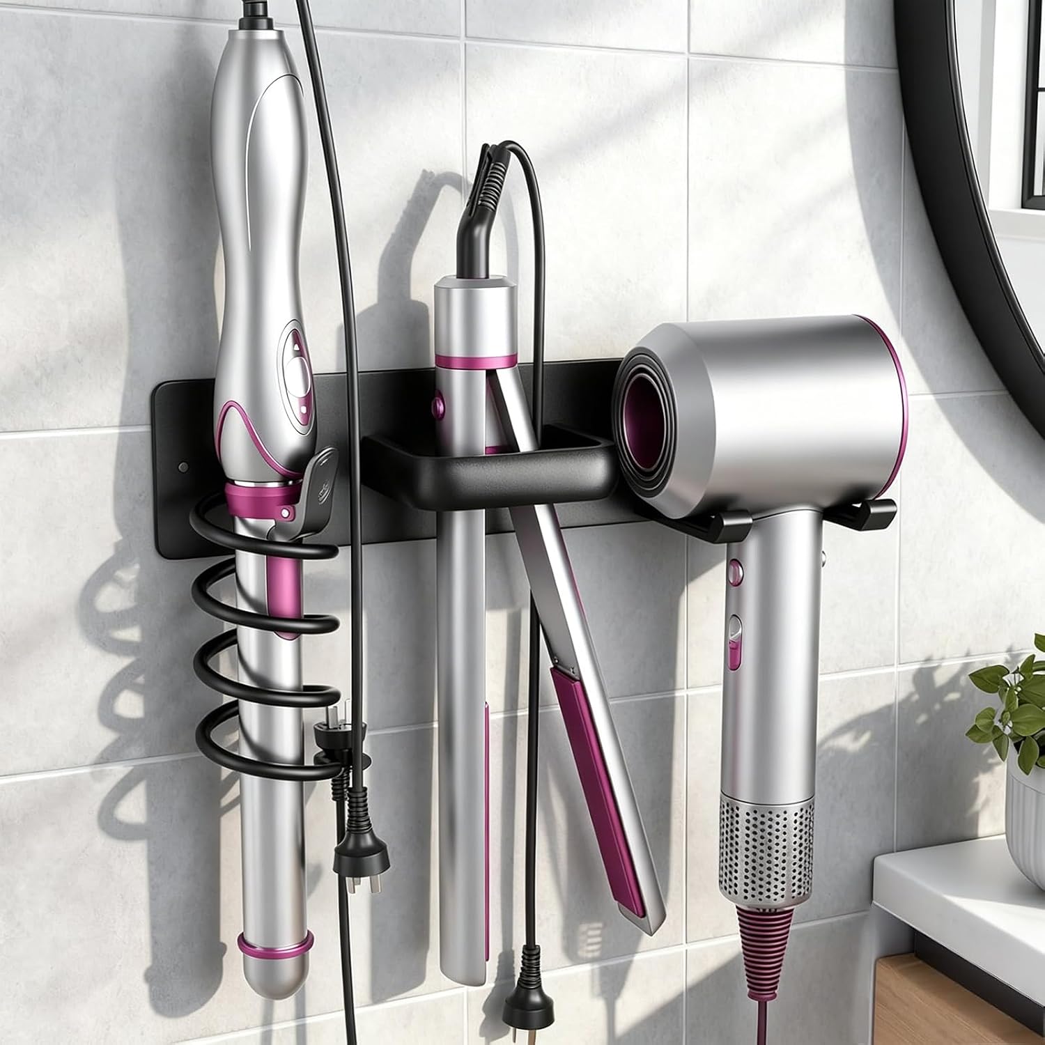 3-in-1 No-Drill Hair Dryer Holder, Wall-Mounted Bathroom Styling Tool Organizer