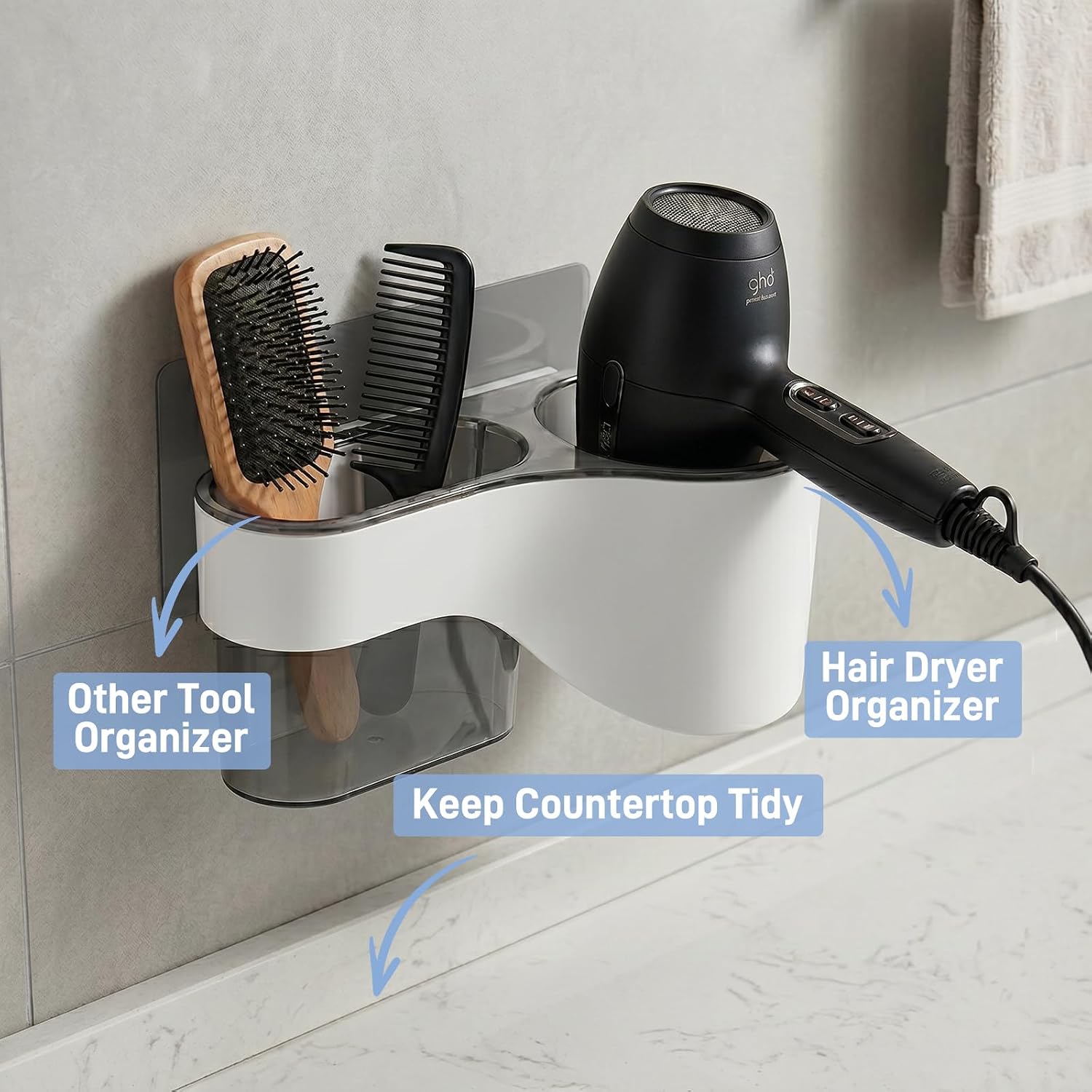 No-Drill Wall-Mounted Hair Dryer Holder, Adhesive Bathroom Styling Tool Storage Rack - Image 2