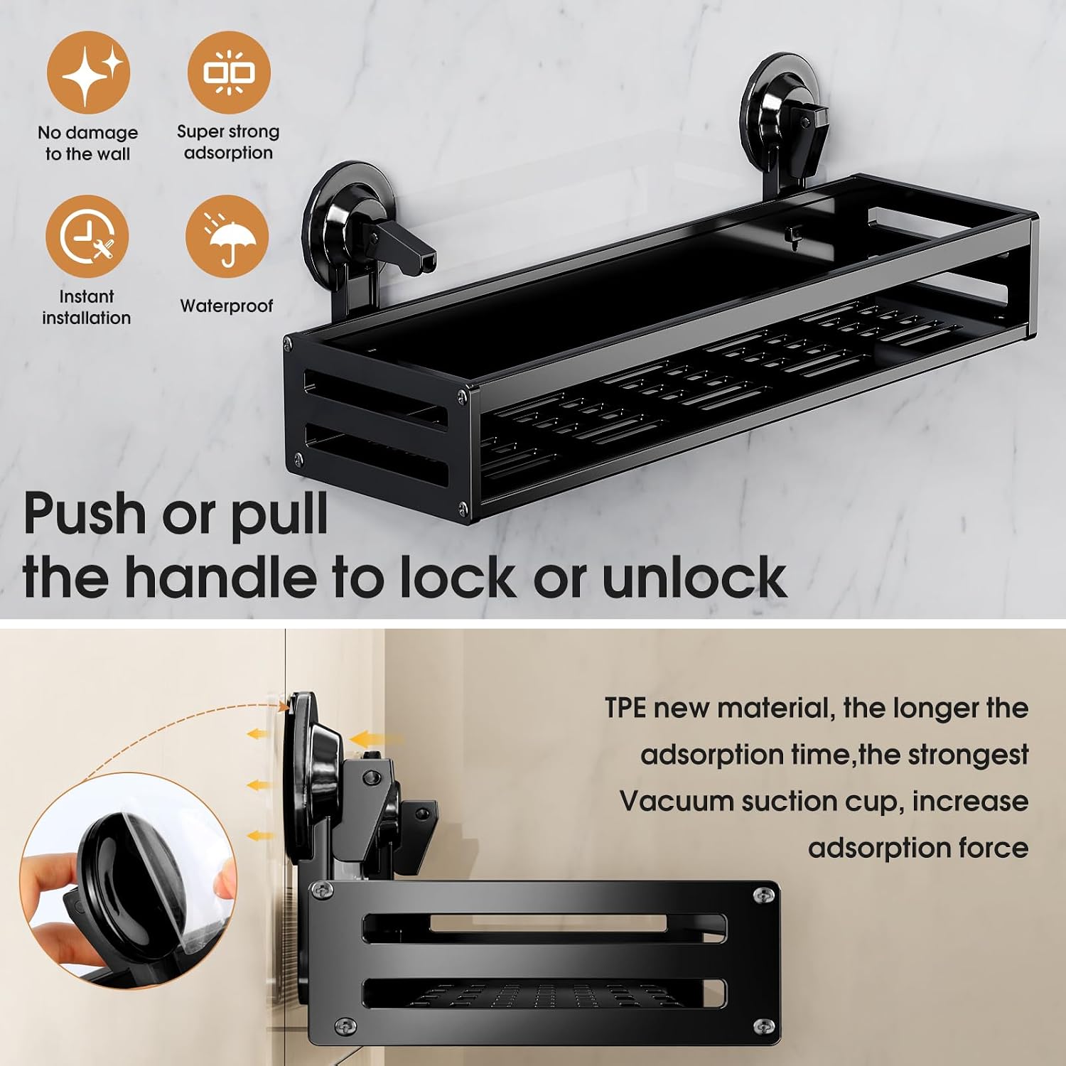 No-Drill Suction Cup Shower Caddy with 5 Hooks and Towel Bar, Bathroom Storage Organizer - Image 2