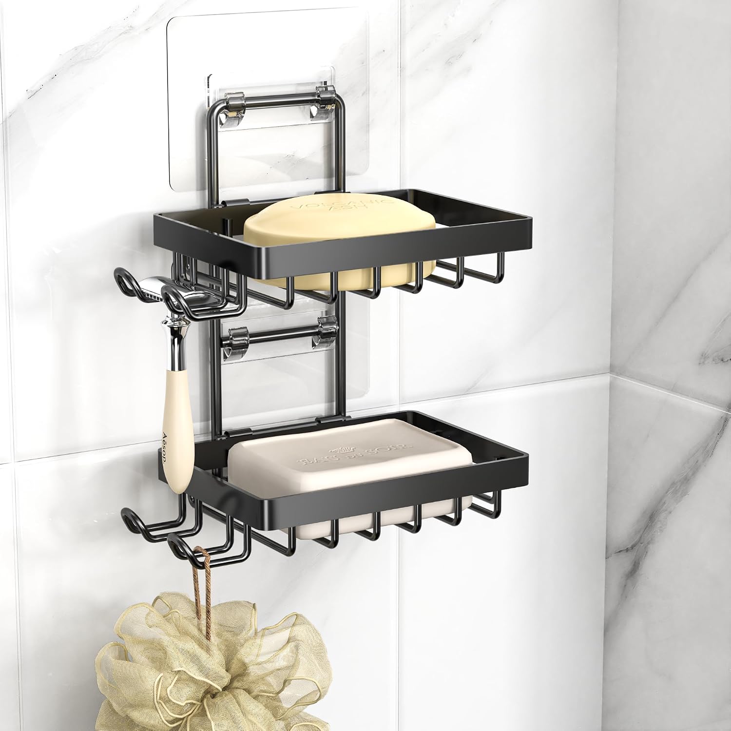 Double Soap Holder, No-Drill Wall-Mounted Bathroom Organizer with 4 Hooks and Razor Storage