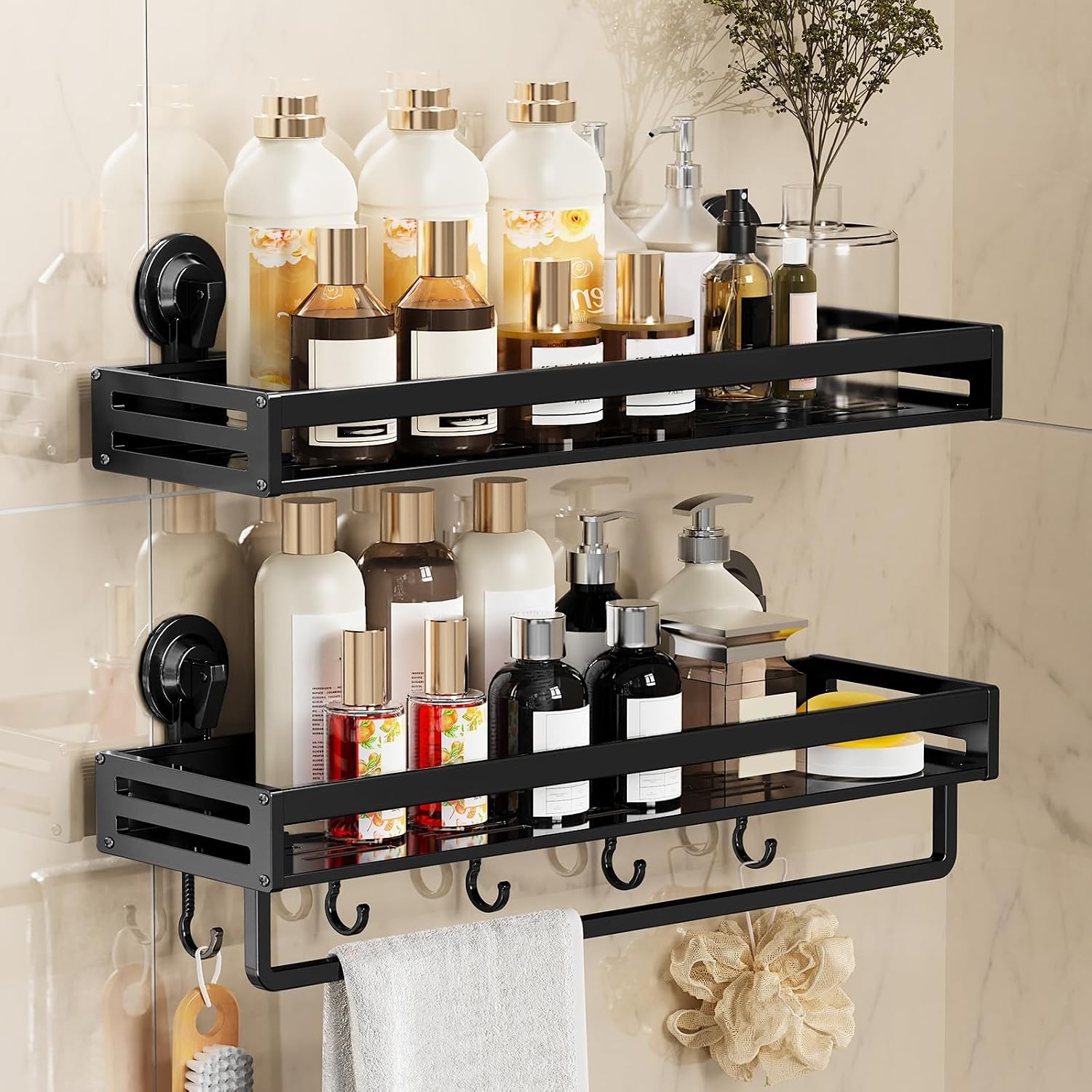 No-Drill Suction Cup Shower Caddy with 5 Hooks and Towel Bar, Bathroom Storage Organizer