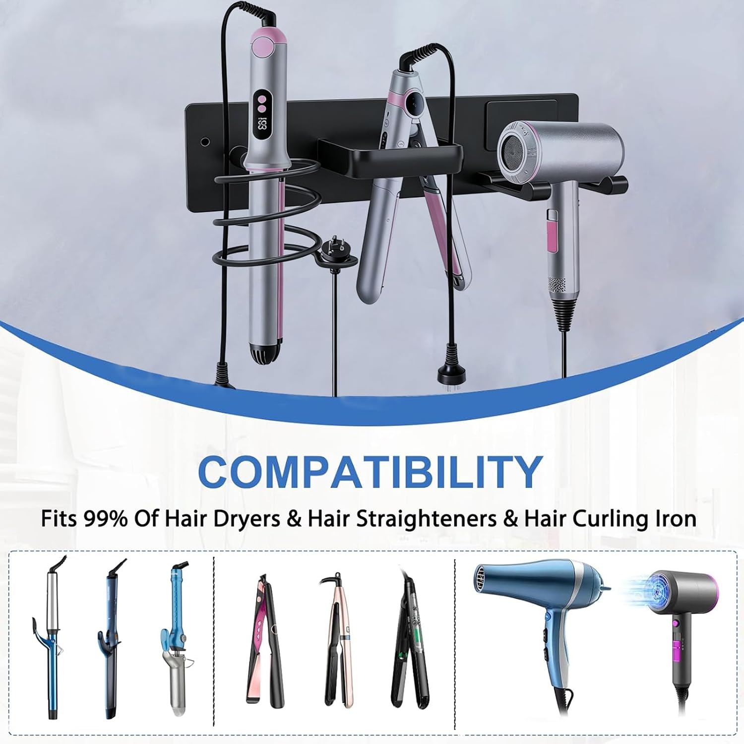 3-in-1 No-Drill Hair Dryer Holder, Wall-Mounted Bathroom Styling Tool Organizer - Image 2