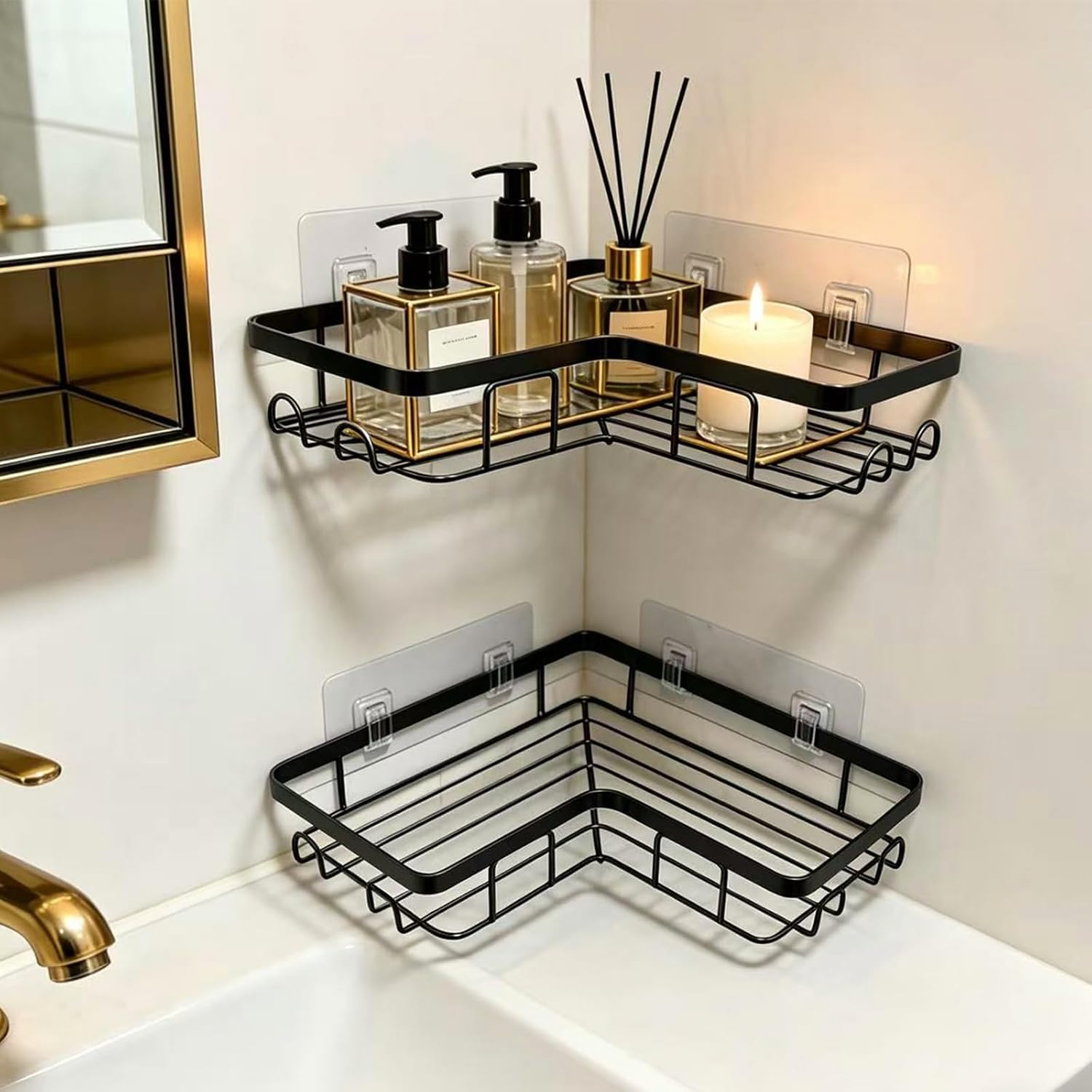 2-Pack No-Drill Shower Shelves, Adhesive Corner Bathroom Storage Rack with Hooks