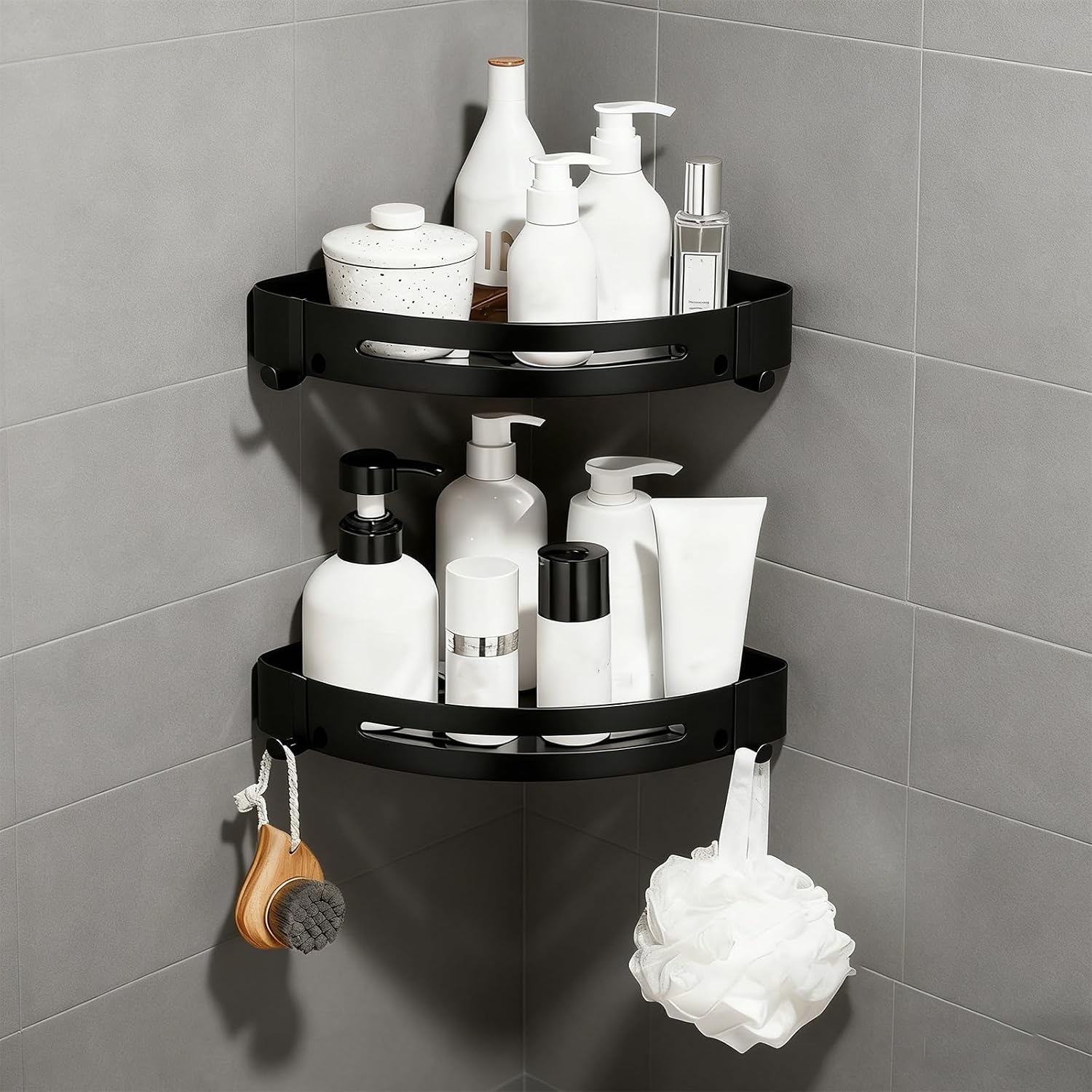 2-Piece No-Drill Double-Tier Corner Shower Rack, Bathroom and Kitchen Storage Shelf