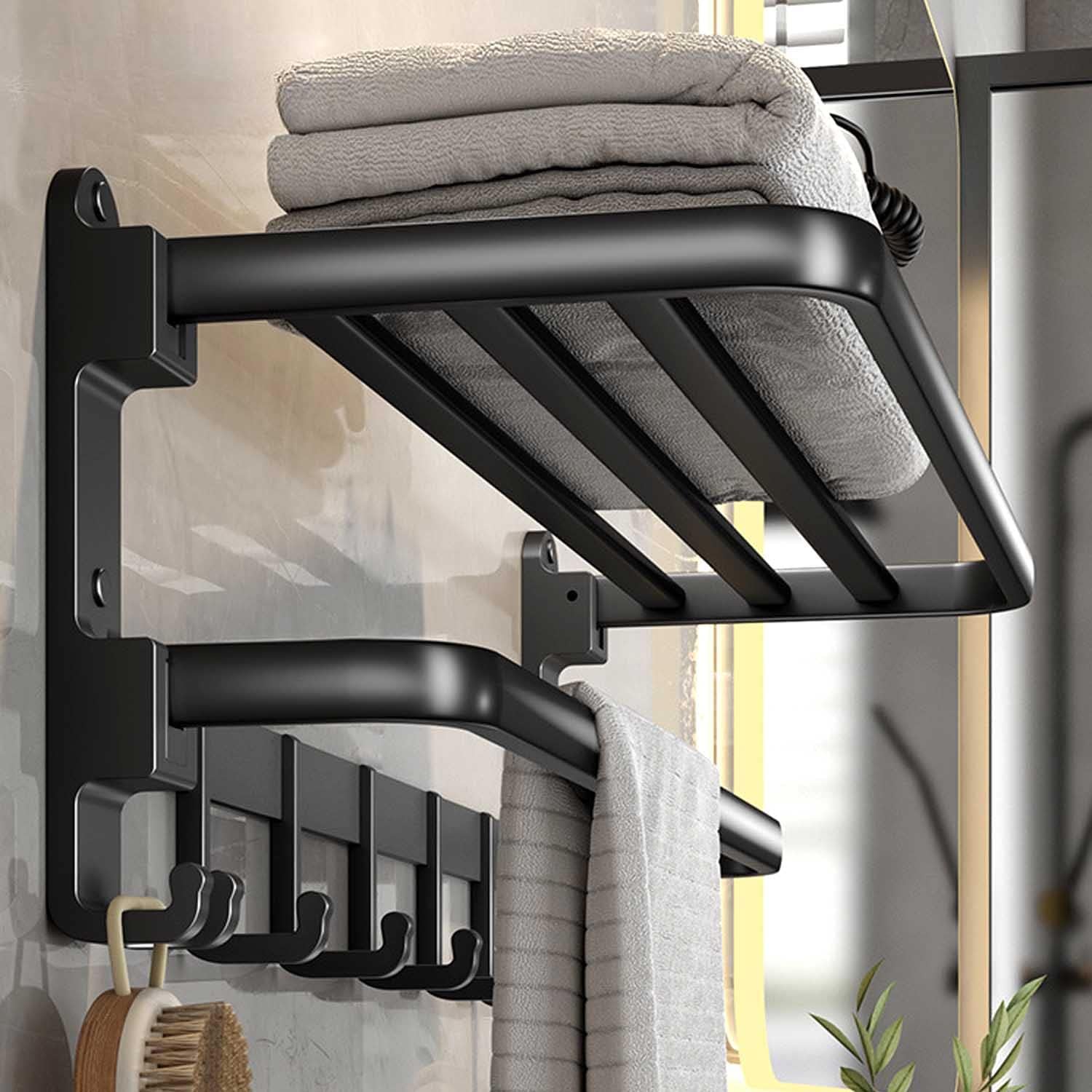 1-Piece No-Drill Towel Rack, Wall-Mounted Double Towel Bar with Storage Shelf