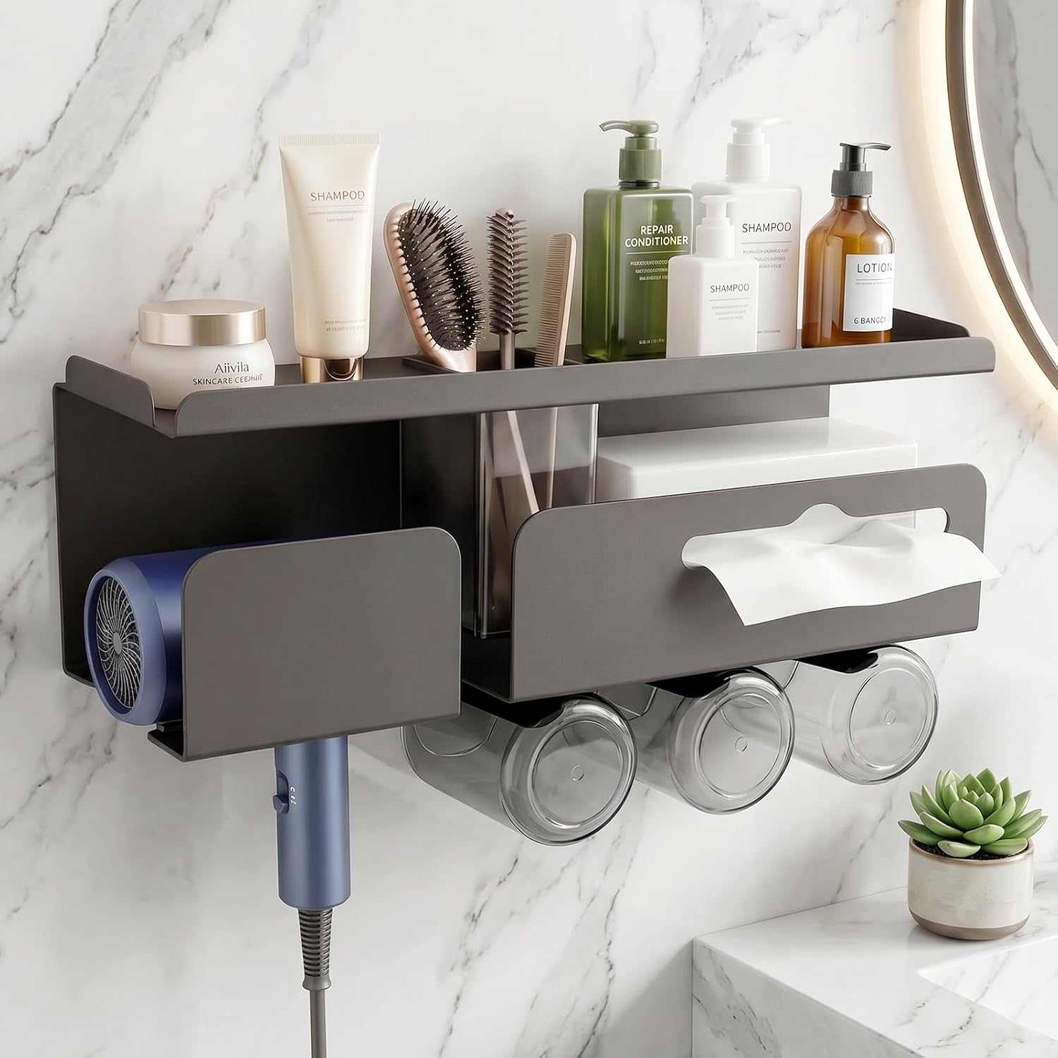 No-Drill Hair Dryer Storage Rack, Wall-Mounted Bathroom Organizer with Shelf and Storage Cups