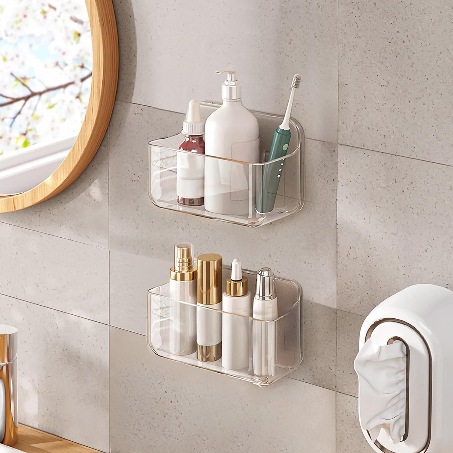 2-Piece No-Drill Adhesive Storage Rack, Small Wall-Mounted Bathroom Organizer