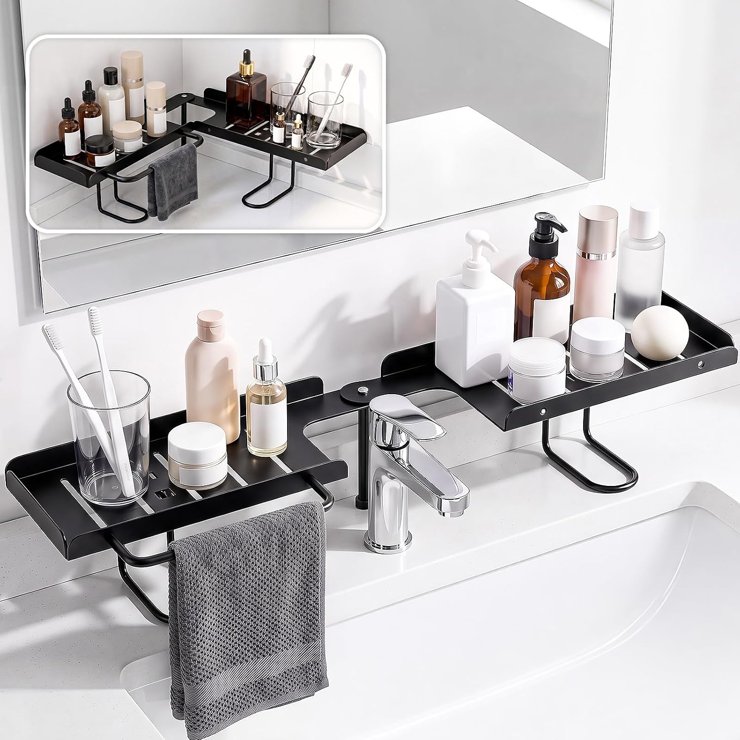 Rotatable Faucet Storage Shelf, Bathroom Sink Organizer with Towel Bar