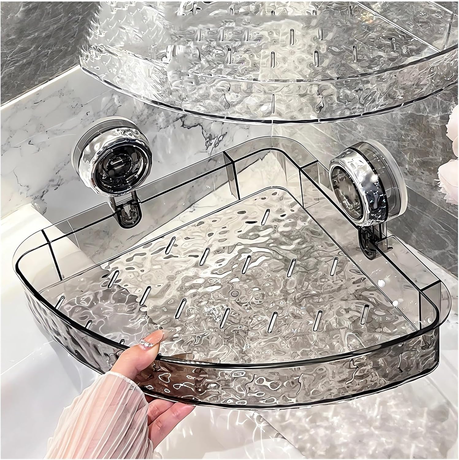 Large No-Drill Suction Cup Corner Shower Caddy, Clear Bathroom Storage Basket