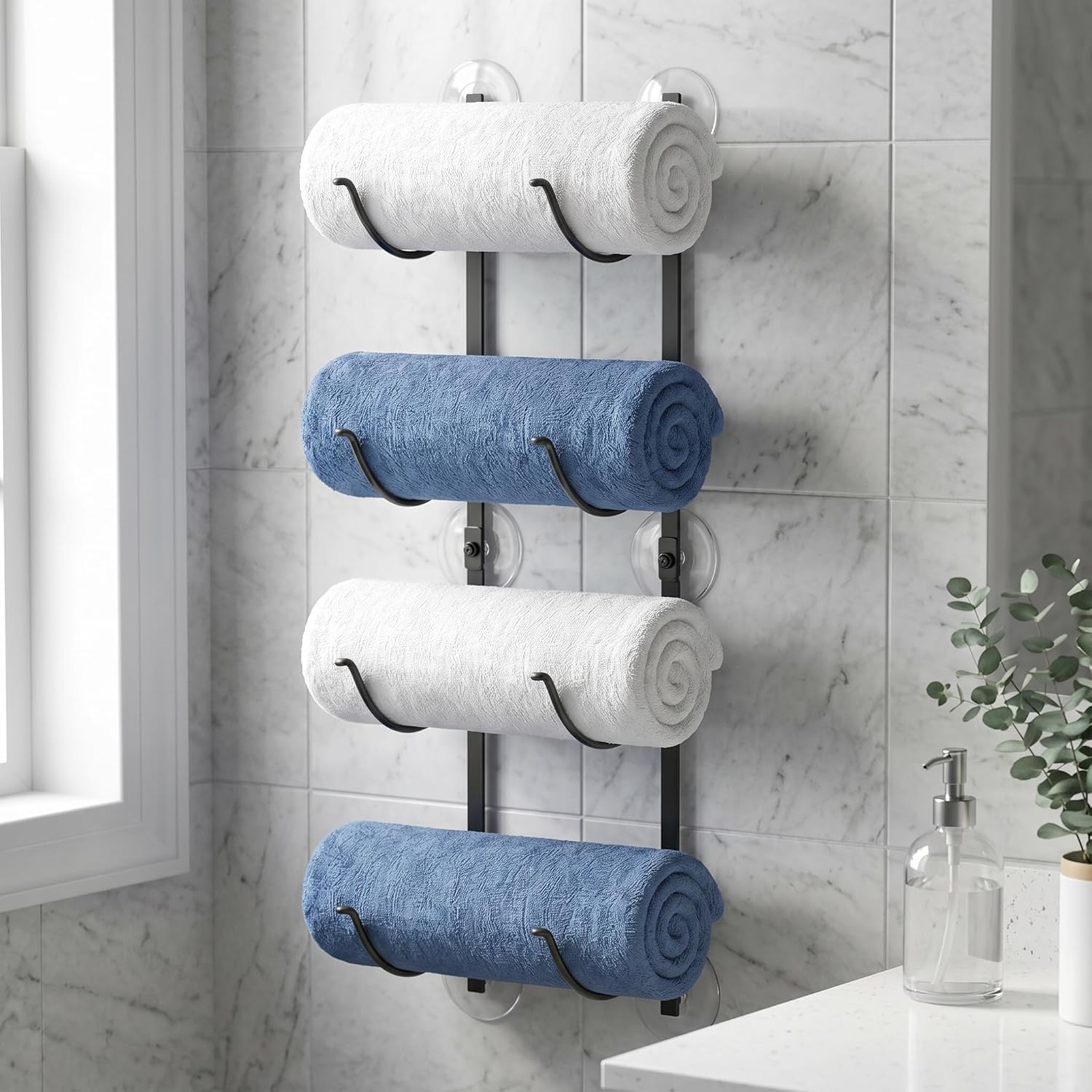 4-Tier Wall-Mounted Towel Rack, No-Drill Bathroom Storage Organizer for Towels and Bath Sheets