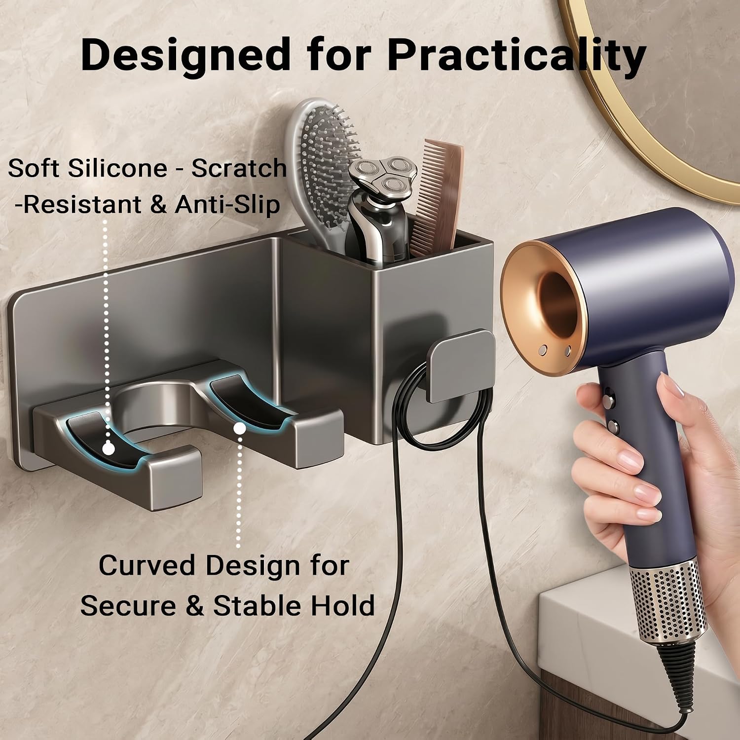 No-Drill Wall-Mounted Hair Dryer Holder, Adhesive Bathroom Styling Tool Organizer - Image 2